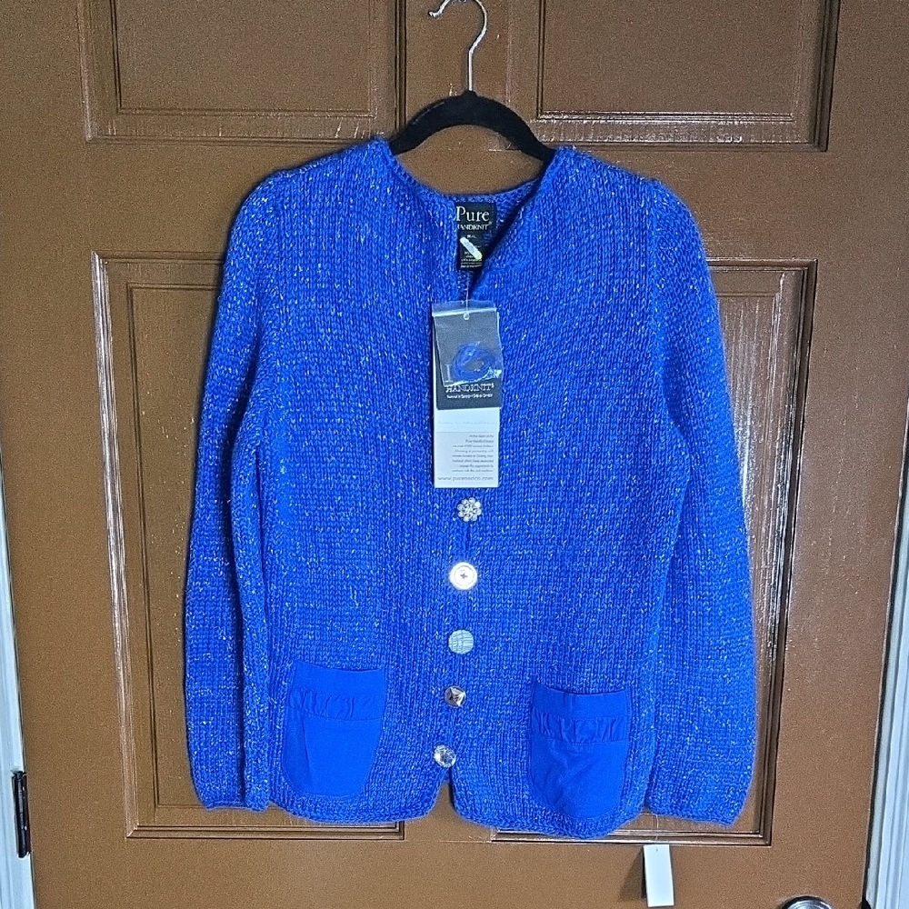 Pure Handknit-Royal blue sweater with each button different down front Sz - Picture 3 of 13